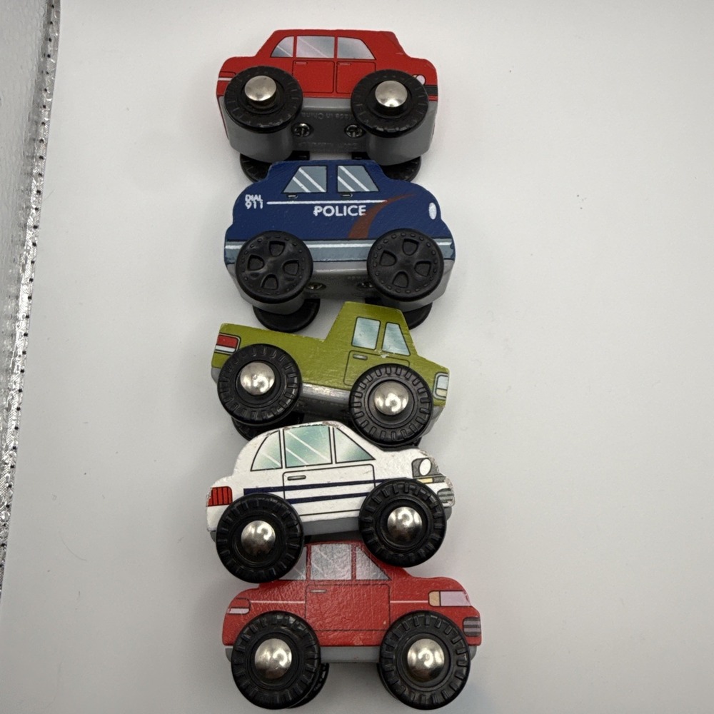 Kidkraft Wooden Vehicles 2011 Police Car Green Truck Red & White Cars Lot Of 5 - Picture 2 of 12